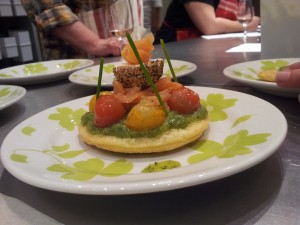 Tarte fine courgette, tomates cerise au thym citron et chevre frais a la truite fumee