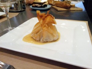 aumoniere croustillante de pied de mouton aux pommes et gambas 2