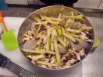 Gambas, pommes et champignons en marinade